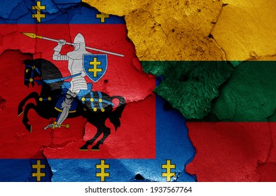 Flags Of Vilnius County And Lithuania Painted On Cracked Wall