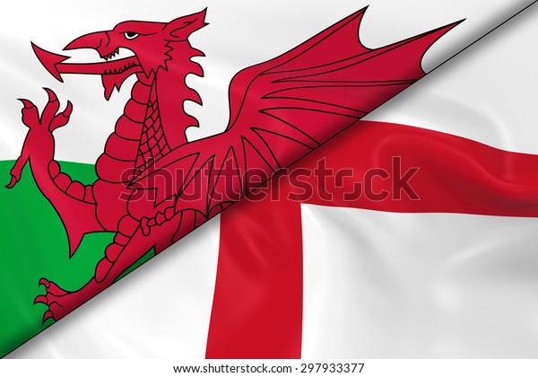 Flags of Wales\
and England Divided Diagonally - 3D Render of the Welsh Flag and\
English Flag with Silky\
Texture