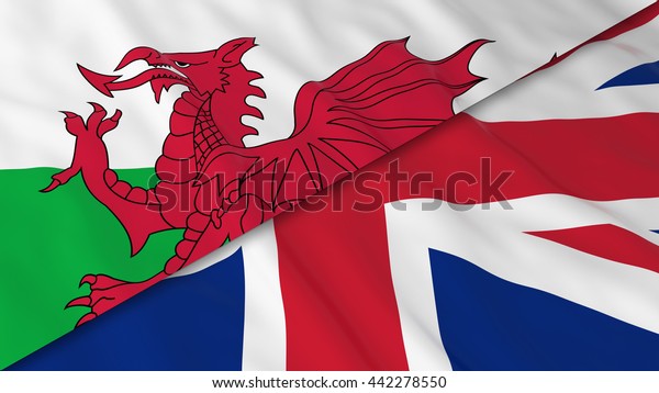 Flags of Wales and the United Kingdom -\
Split Welsh Flag and British Flag 3D\
Illustration