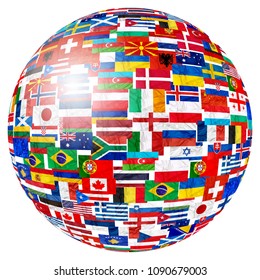 Flags Of World Countries And In Sphere Globe Shape On White Background: England Russia Italy Spain Scotland Germany US, China Greece France Brazil Japan Canada Russia And Europe, Cuba, Finland And UK.