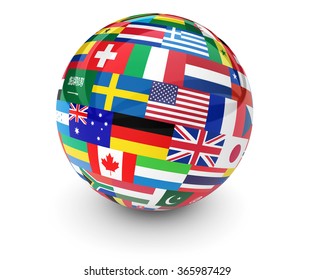 Flags Of The World On A Globe For International Business, School, Travel Services And Global Management Concept 3d Illustration On White Background.