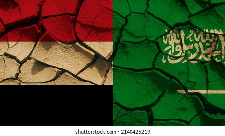 Flags Of Yemen And Saudi Arabia Shows The On Going Conflict Of War. 
