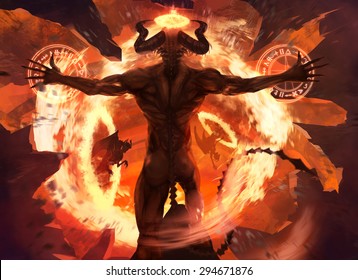 Flame demon. Burning diabolic demon summons evil forces and opens hell portal with ancient alchemy signs illustration.