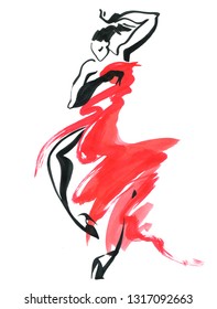 Flamenco. Beautiful Dancing Woman. Watercolor Latin Dancer. Ink Hand Painting Illustration.