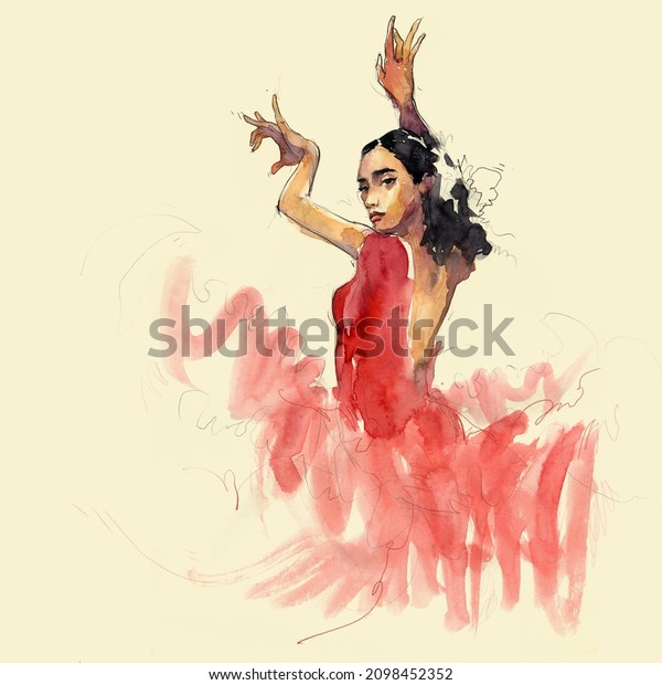 Flamenco dancer in the red dress. Realistic\
watercolor illustration,  hand drawn\
art