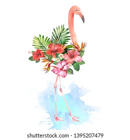 Pink Flamingo Bird Flowers Watercolor Stock Illustration 758637343