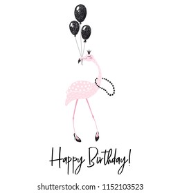 Flamingo cute card. Happy birthday slogan. Tropical girl bird with balloons, shoes, crown, beads. Cool child hand draw illustration for t-shirt, kids apparel and other design. - Powered by Shutterstock