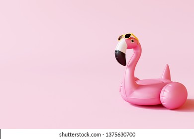 Flamingo float with sunglasses on pastel pink background. Summer minimal concept. 3d rendering