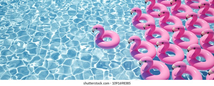 a lot of flamingo floats in a pool. 3D rendering