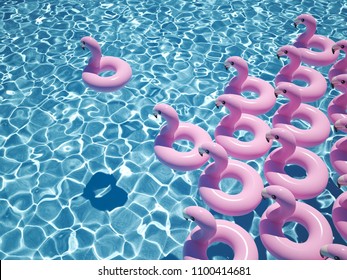 a lot of flamingo floats in a pool. 3D rendering