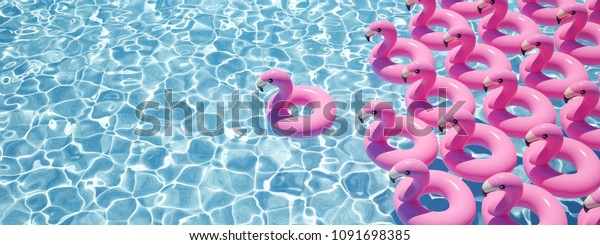 a lot of\
flamingo floats in a pool. 3D\
rendering