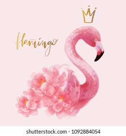Flamingo with flowers watercolor hand drawn illustration for fashion greeting card design