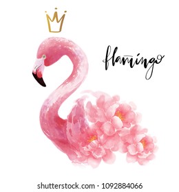 Flamingo with flowers watercolor hand drawn illustration for fashion greeting card design