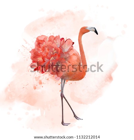 flamingo with flowers , watercolor painting