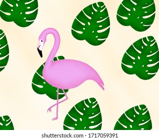 Flamingo and monstera. Flamingo on a background of monstera leaves - Shutterstock ID 1717059391