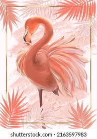 Flamingo With Palm Leaves On Pink Background With Golden Frame