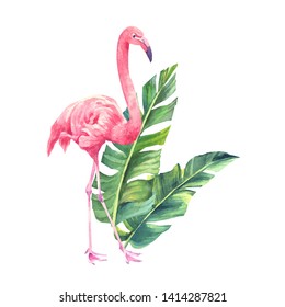 Flamingo Palm Leaves Watercolor Background Stock Vector (Royalty Free ...