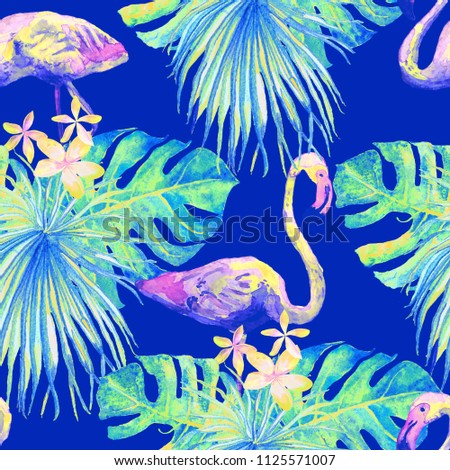 Flamingo pattern. Tropical summer blue red print. Exotic spring textile background with birds. Fashion hawaiian jungle repeated seamless tile. Palm botanical swimwear design. Miami wildlife.