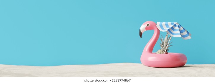 Flamingo pool float on sand beach with blue background. 3d rendering - Powered by Shutterstock