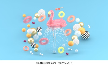 Flamingo rubber ring floating on a fountain surrounded by colorful rubber rings on a blue background.-3d render.