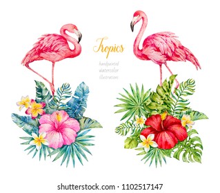 Flamingo in tropical leaves. Watercolor illustrations