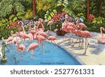 Flamingos in Florida postcard (1930-1945) chromolithograph. Vintage Flamingos in Florida bird, chromolithograph art illustration, animal art, Flamingos bird art print.