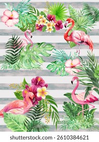 Flamingos with flowers and plants pattern over some soft blue and white lines. 