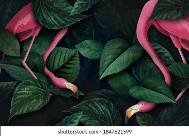 Flamingos On A Leafy Background