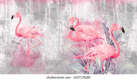 flamingos on a texture photo for your room. Photo wallpapers that fit a light interior