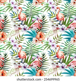 Flamingos Pattern Watercolor Tropical Background Hibiscus Stock ...