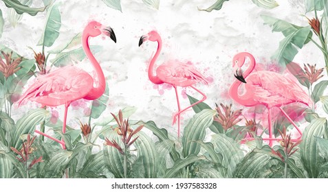 фламинго в тропических растениях на текстурированном фоне в светлых тонах в акварельном стиле