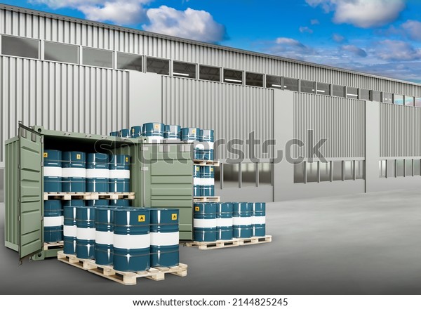 Flammable cargo. Barrels with flammable sign\
on pallets. Cargo container next to warehouse. Storage of chemical\
products. Explosive chemical products. Open air chemical warehouse.\
3d rendering.