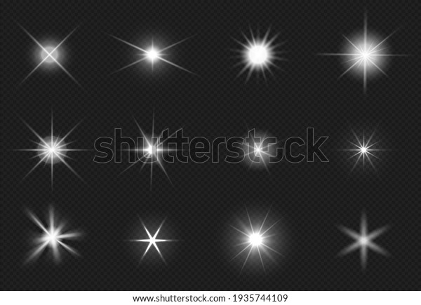 Flares and sparkling stars
effect. White light burst, shiny glare. Magic starburst, realistic
glow set