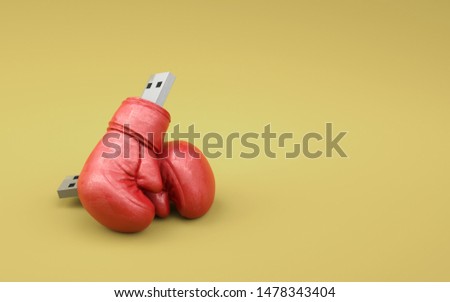 Flash drive data safety concept on yellow background. Data secure storage minimal idea. Usb pen drive isolated symbol for data protection icon. Copy space 3D illustration.