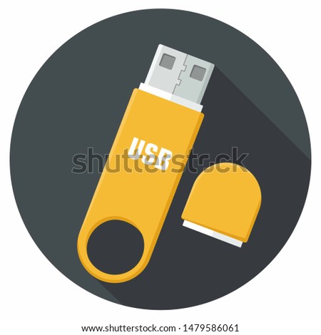 Flash drive. Vector tech icon USB flash drive. Flash stick yellow color with a sign of connection. Illustration of USB flash drive clipart