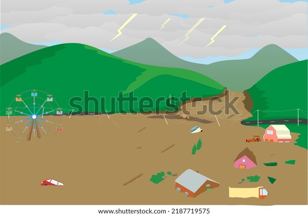 flash flood... and damaged houses, trees,\
cars, tractor, farm, park and\
bridges...