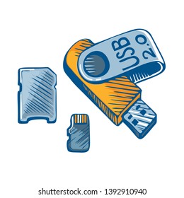 Flash memory USB and card. Hand drawn colored sketch  illustration. Gadget and technology concept represented by icon.