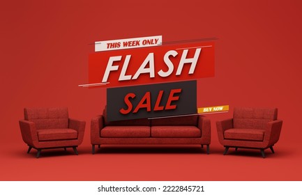 Flash sale banner template Special offer discount concept Sale of home decorations and furniture During promotions. surrounded by sofas chairs and advertising spaces. pastel background. 3d render - Powered by Shutterstock