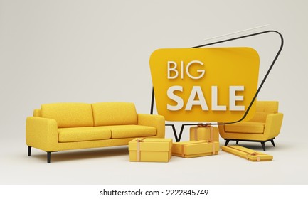 Flash sale banner template Special offer discount concept Sale of home decorations and furniture During promotions. surrounded by sofas chairs and advertising spaces. pastel background. 3d render - Powered by Shutterstock