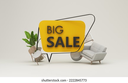 Flash sale banner template Special offer discount concept Sale home decorations   furniture During promotions  surrounded by sofas chairs   advertising spaces  pastel background  3d render