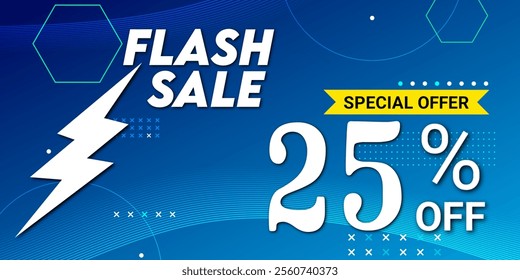 Flash Sale Special Offer 25% off Poster or banner with blue background, Flash Sales banner template design.