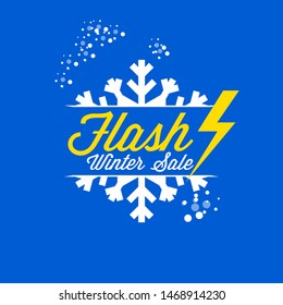 Flash Winter Sale Yellow And White Emblem On Blue Background, Template. Winter Discount. Illustration.