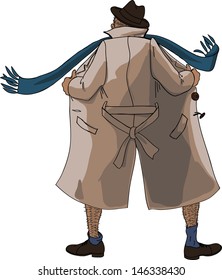 Flasher unbuttoned coat view from the back