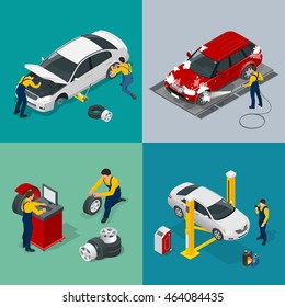 Flat 2x2 compositions presenting work process with scenes presents workers in car service tire service and car repair  illustration