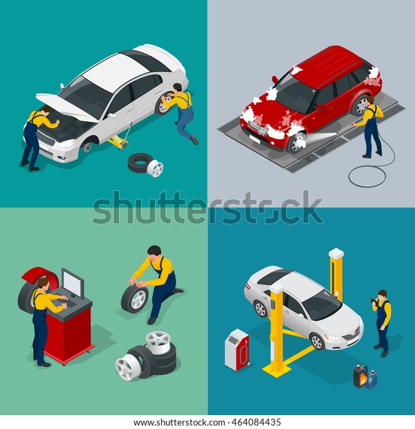 Flat 2x2 compositions presenting work\
process with scenes presents workers in car service tire service\
and car repair \
illustration