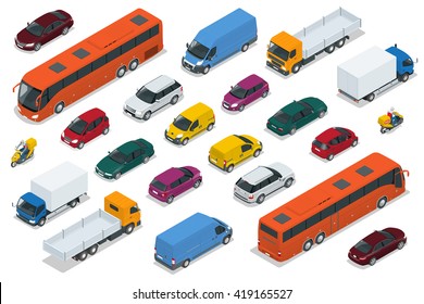 Flat 3d isometric high quality city transport car set. Car, van, cargo truck, off-road, bus, scooter, motorbike, riders. Set of urban public and freight transport