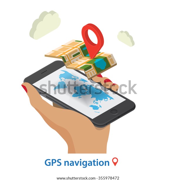  Flat 3d isometric mobile GPS navigation maps\
infographic concept illustration. Smartphone with digital  paper\
map with marker, woman\'s hand, world map silhouette.  Isolated on \
white background