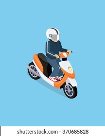 Flat 3d Isometric Motorcyclist On Motorcycle. Motorbiker On Scooter. Biker Top View