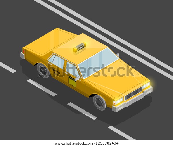 Flat 3D isometric yellow taxi cab model. City\
transport car road. Sedan taxi motor car. Urban classic motor\
vehicle. Quality auto infographics route. Flat isometric automobile\
street icon set