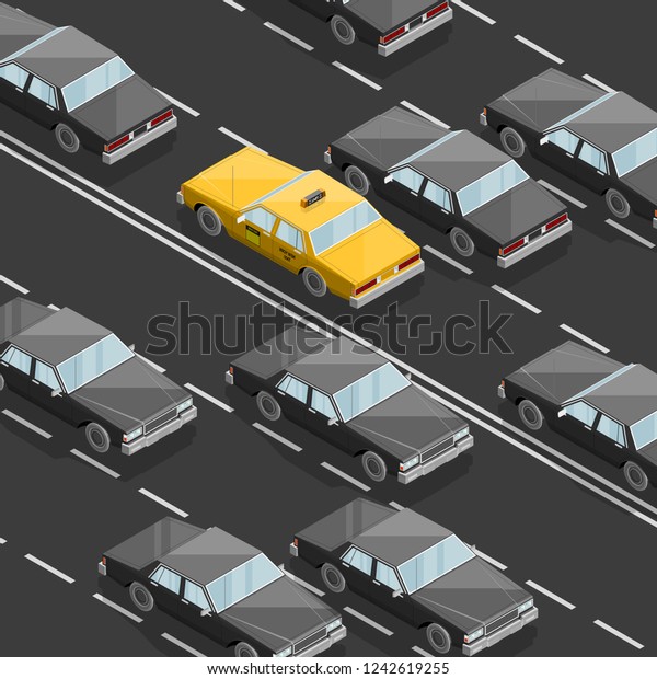 Flat 3D isometric yellow taxi cab model. City\
transport car traffic road. Sedan taxi motor car. Urban classic\
motor vehicle. Auto infographic traffic route. isometric automobile\
street